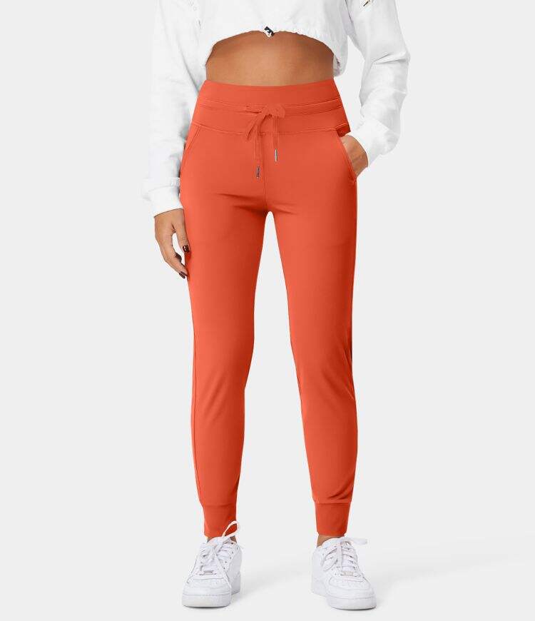 Airy High Waisted Drawstring Side Pocket Plain Cool Touch Full Length Joggers-UPF50+