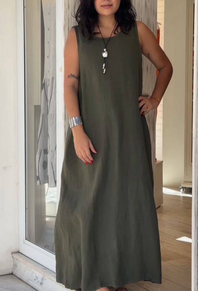 Casual cotton and linen long dress with pockets