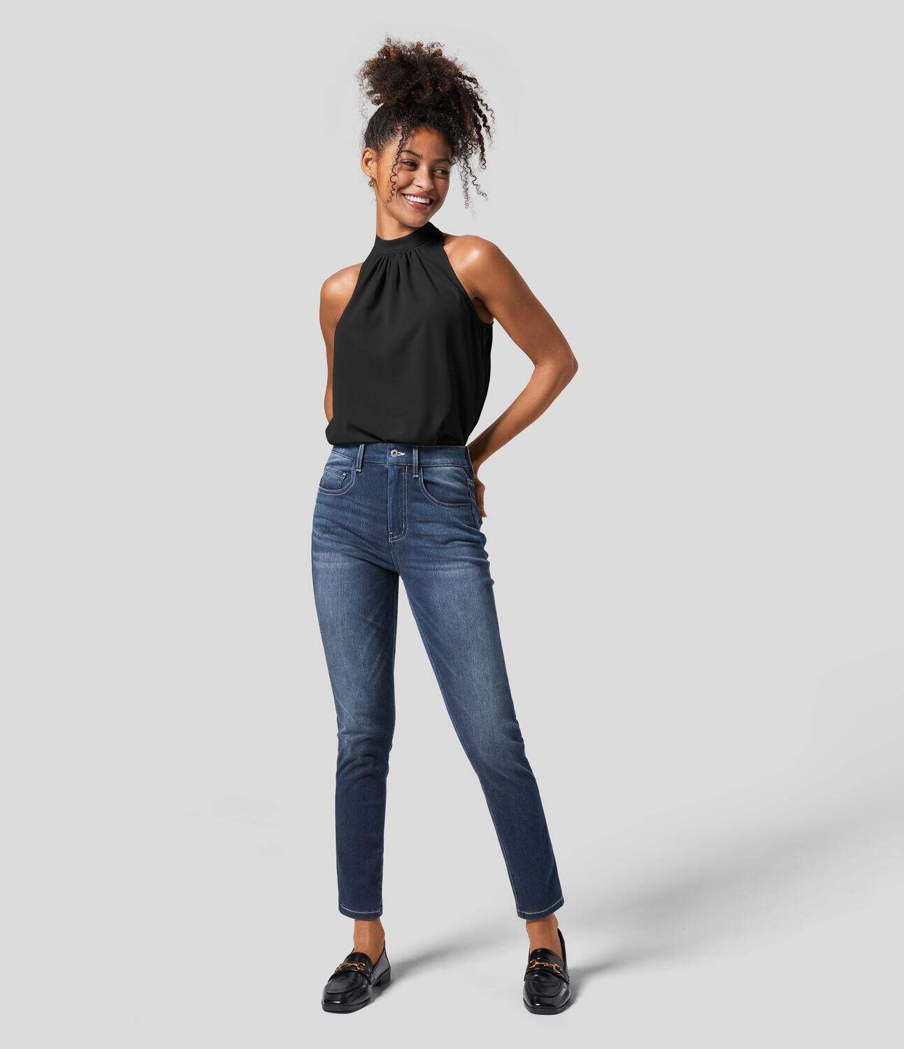 Keyhole Back Halter Plicated Sleeveless Curved Hem Work Blouse