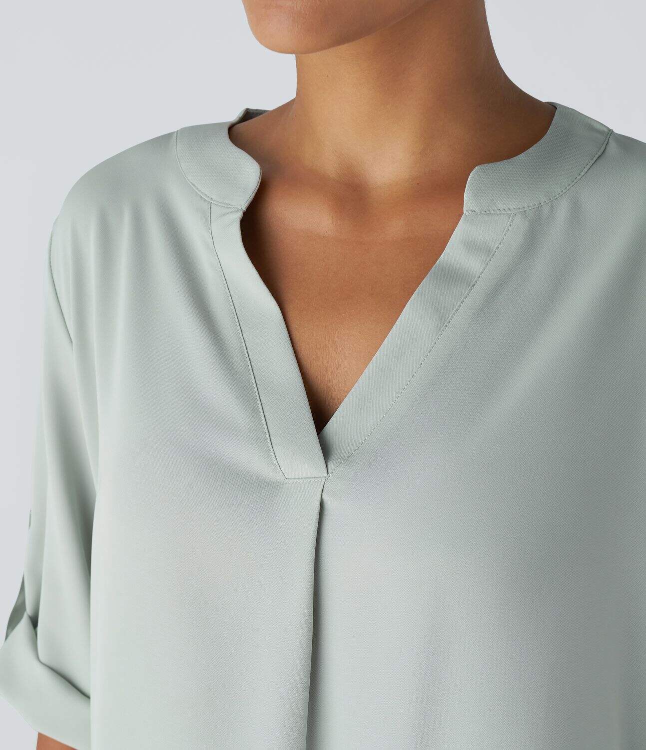 V Neck Button Three Quarter Sleeve Curved Hem Work Shirt