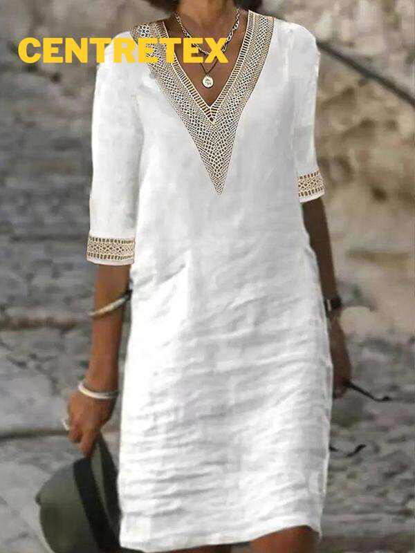 Solid Color V-neck Mid-sleeve Cotton and Linen Casual Dress