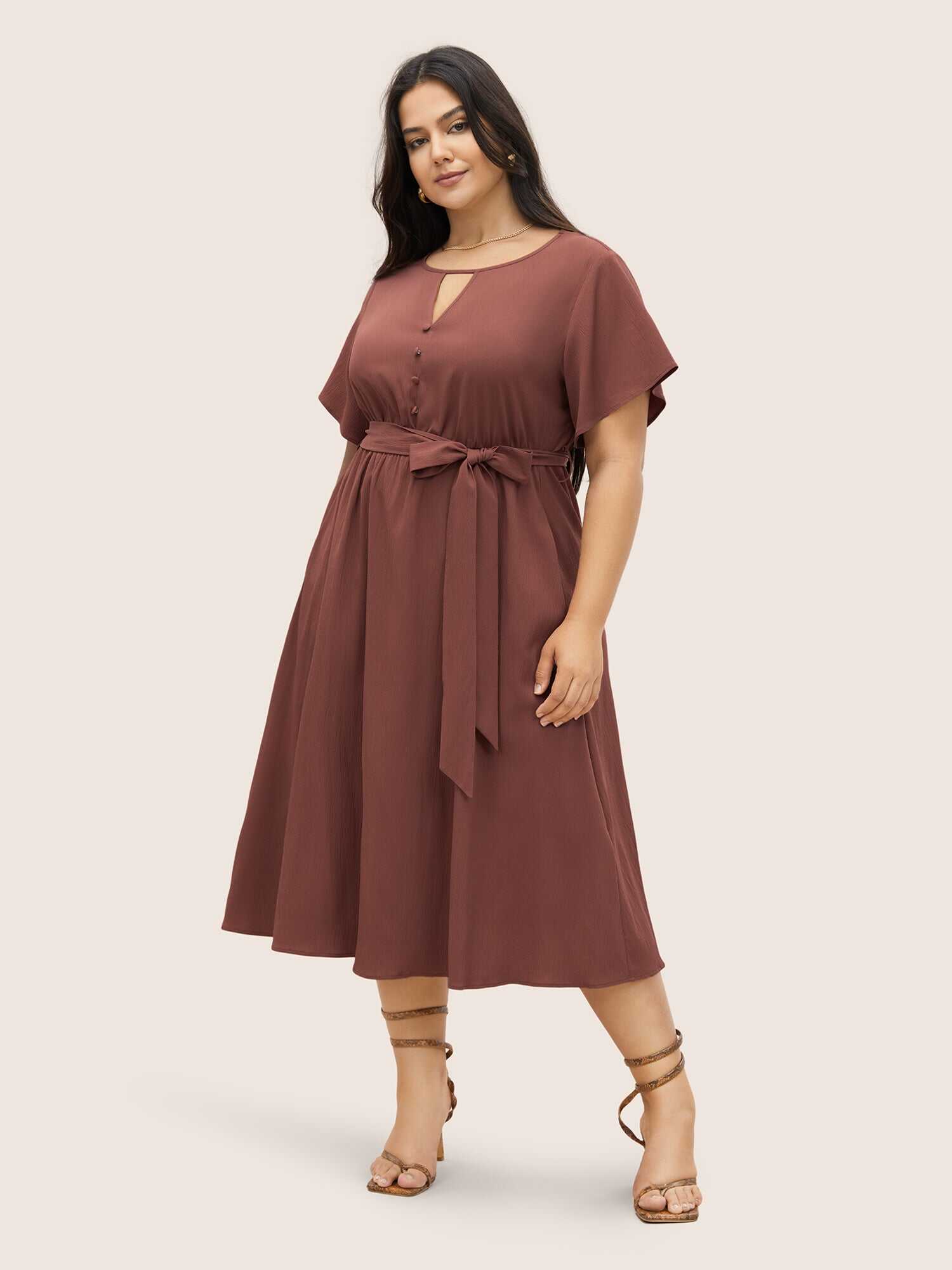 Anti-Wrinkle Keyhole Button Detail Belted Dress