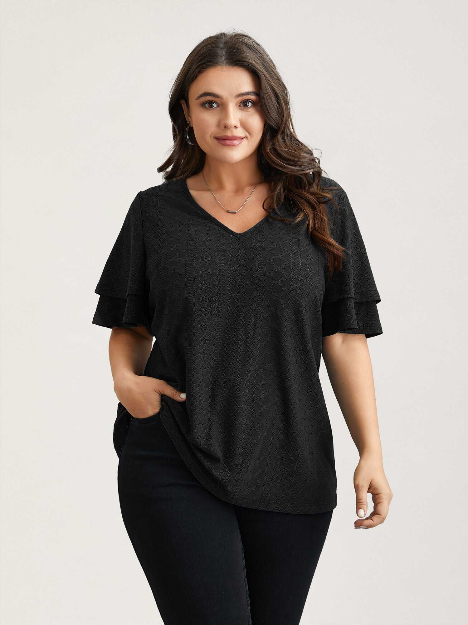 Jacquard Textured Lotus Leaf Sleeve Top
