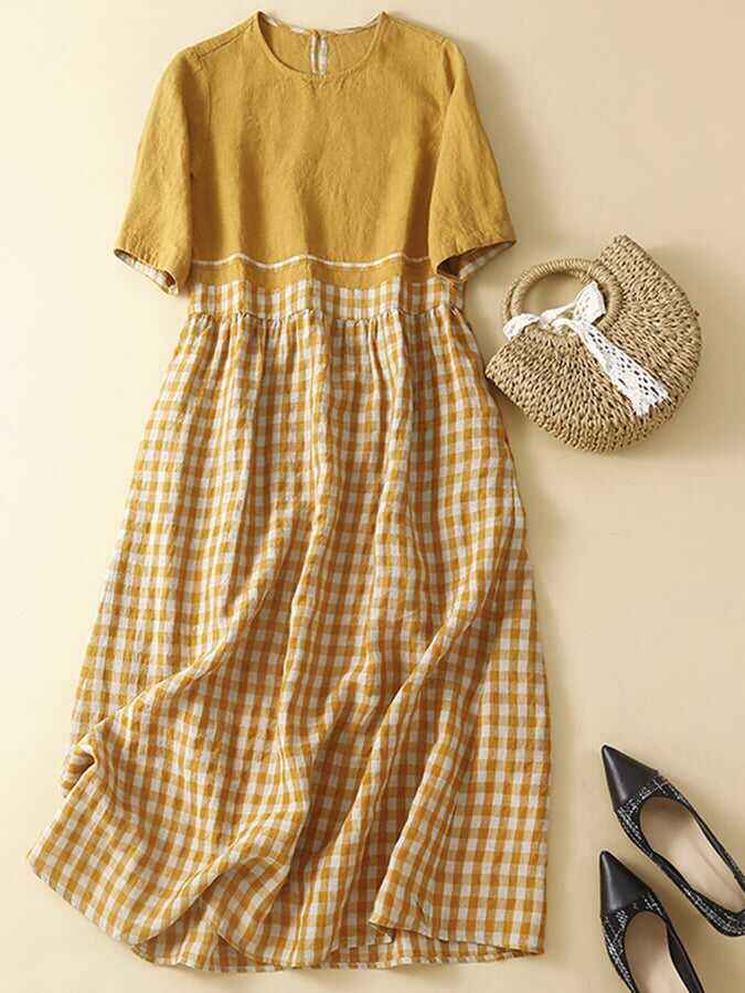 Cotton And Linen Plaid Retro High Waisted Slimming Dress