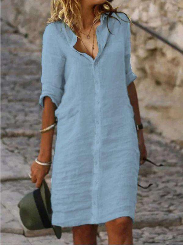 Lapel Buttoned Solid Color Cotton & linen Shirt Dress