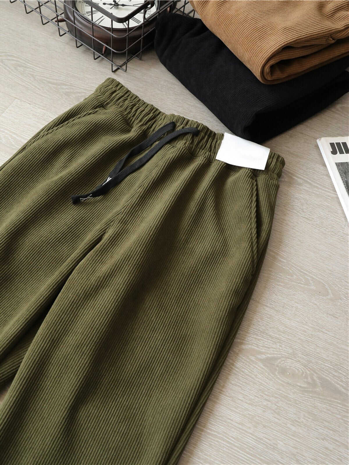 Corduroy Fleece-Lined Elastic Waist Straight Pants