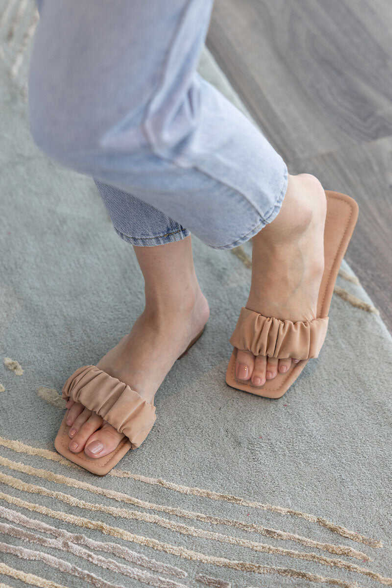 Ruching Sliders in Nude Waterproof Satin