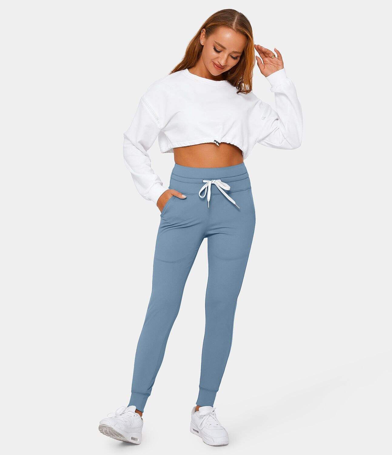 Airy High Waisted Drawstring Side Pocket Plain Cool Touch Full Length Joggers-UPF50+