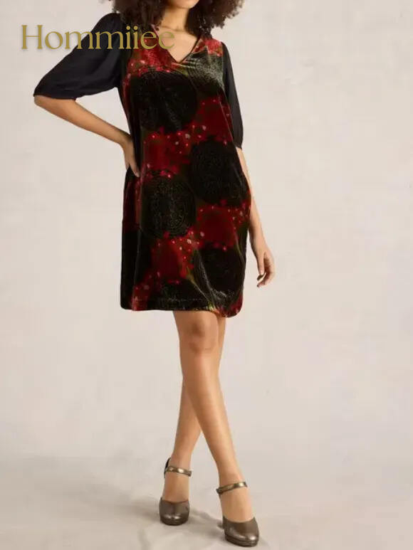Cleo Velvet Mix Dress In Green Print