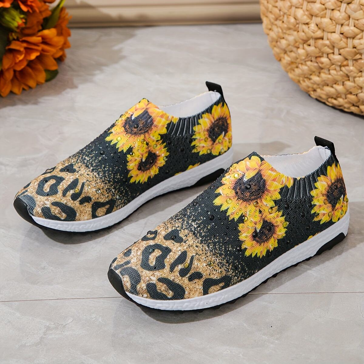 Women's Sunflower Pattern Sock Sneakers, Air Cushion Low Top Slip On Running Trainers, Casual Outdoor Walking Shoes