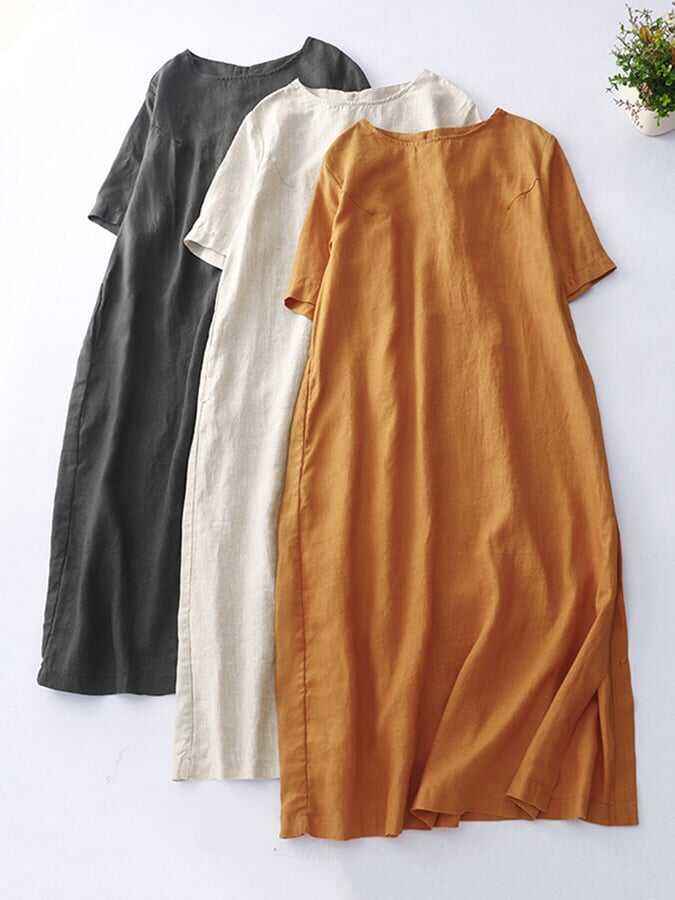 Cotton Linen Loose Short Sleeve Split Dress