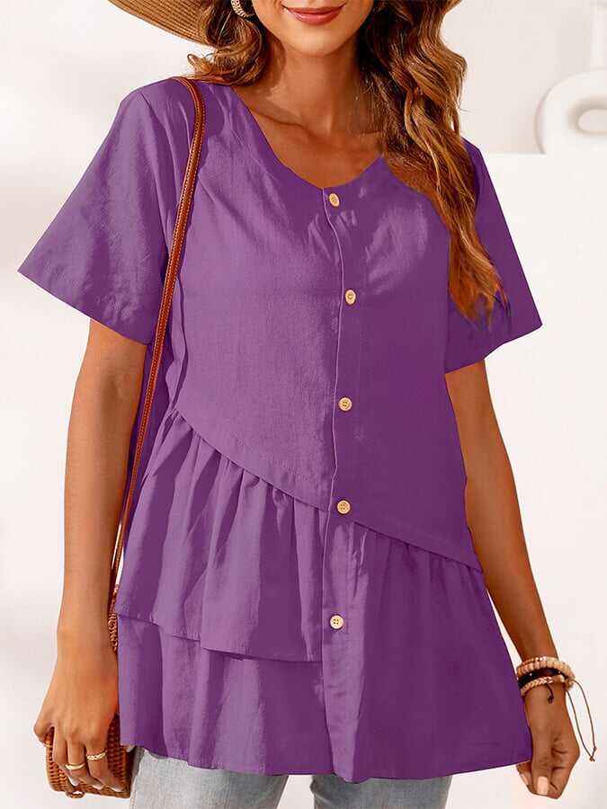 Cotton And Linen Irregular Hem Short-sleeved Casual Top