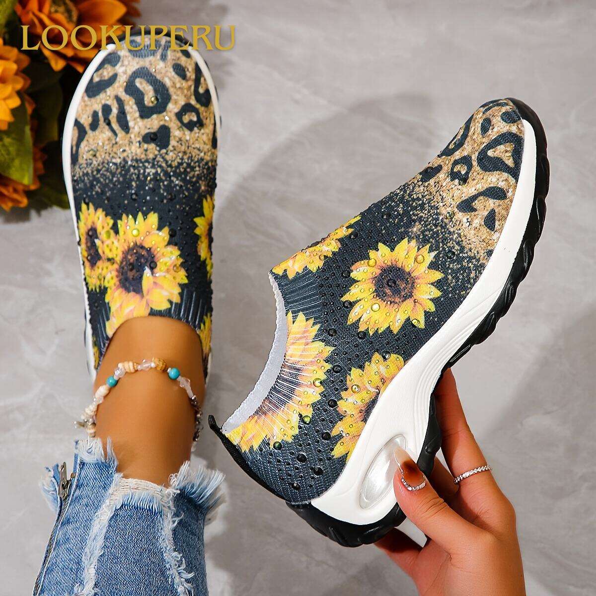 Women's Sunflower Pattern Sock Sneakers, Air Cushion Low Top Slip On Running Trainers, Casual Outdoor Walking Shoes