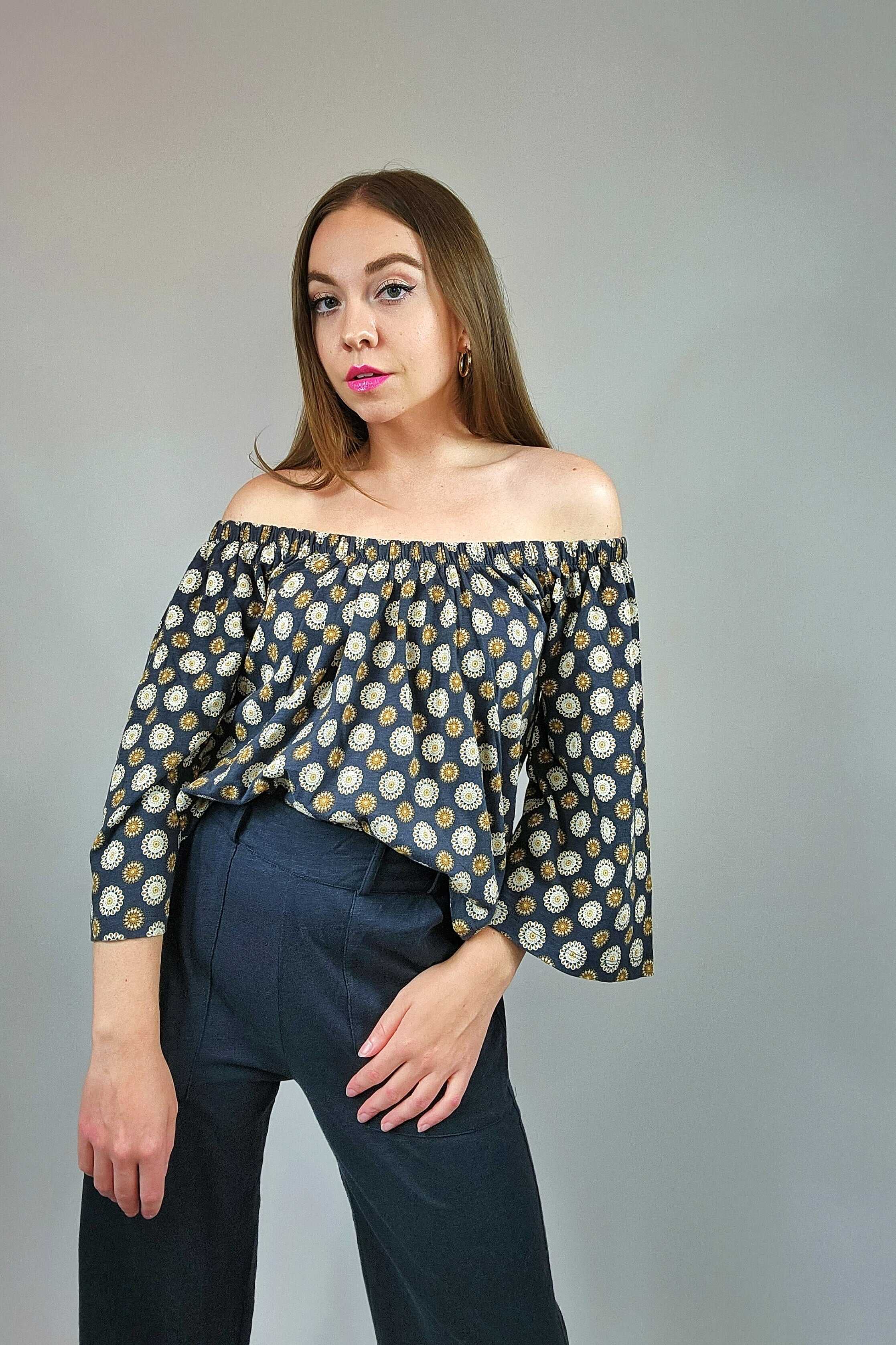 Printed Off the Shoulder Bell Sleeve Knit Top - SALE