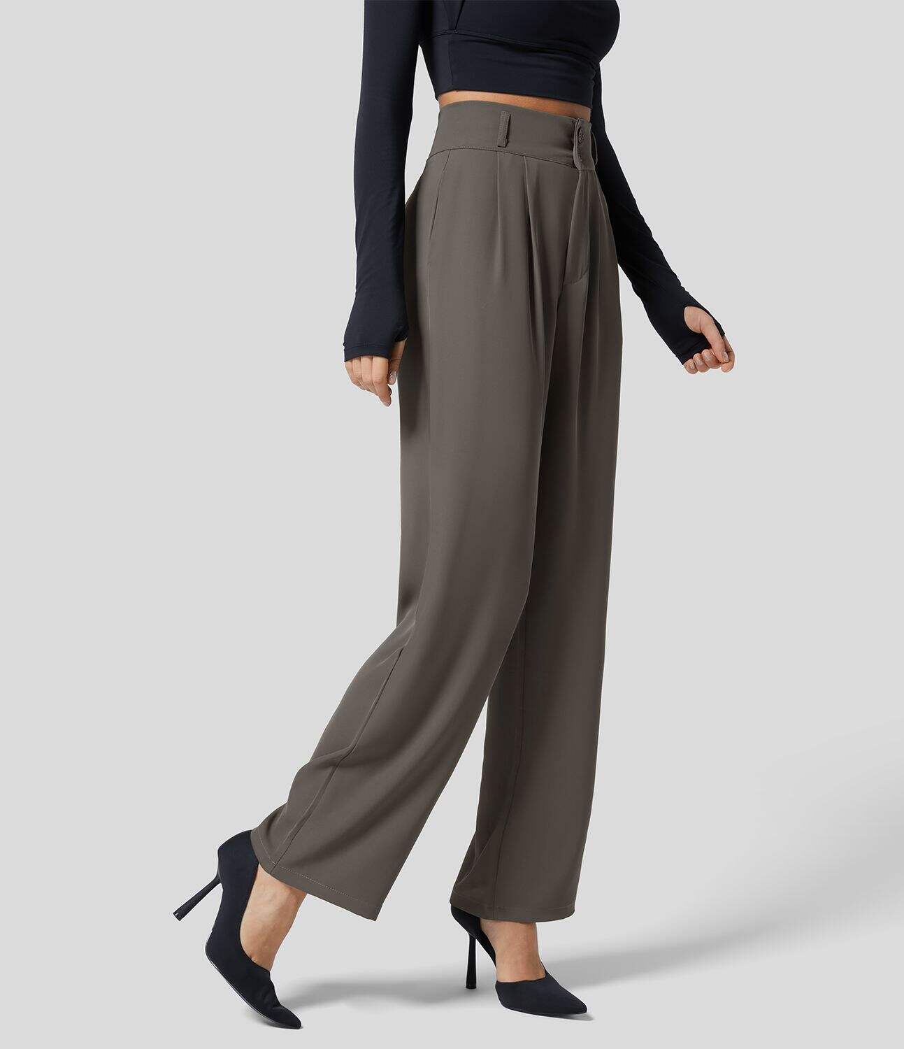 High Waisted Button Zipper Plicated Side Pocket Shirred Straight Leg Work Pants