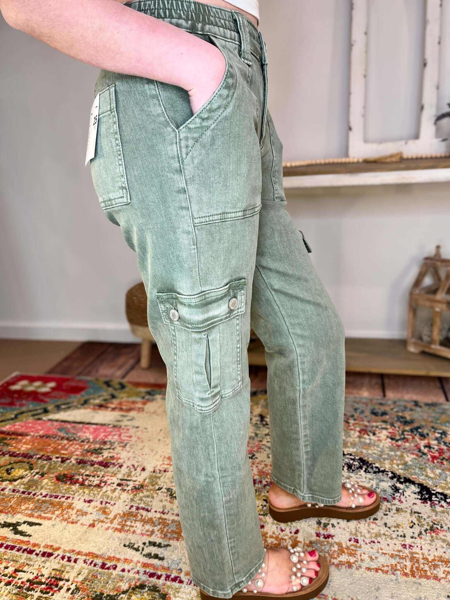 Vervet by Flying Monkey Dixie Cargo Straight Ankle Jeans - Army Green