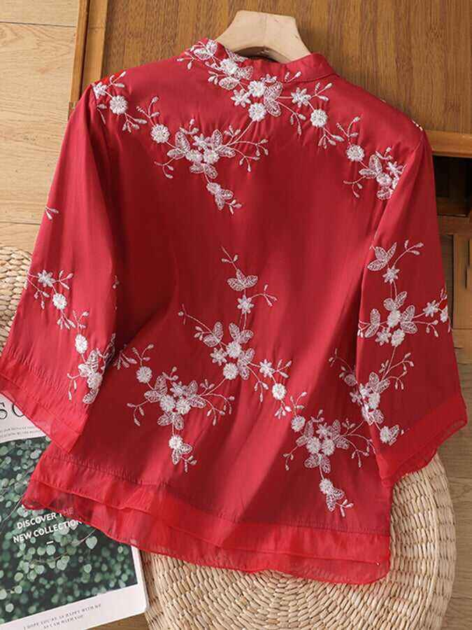 Art Retro Embroidery 3/4 Sleeve Patchwork Shirt