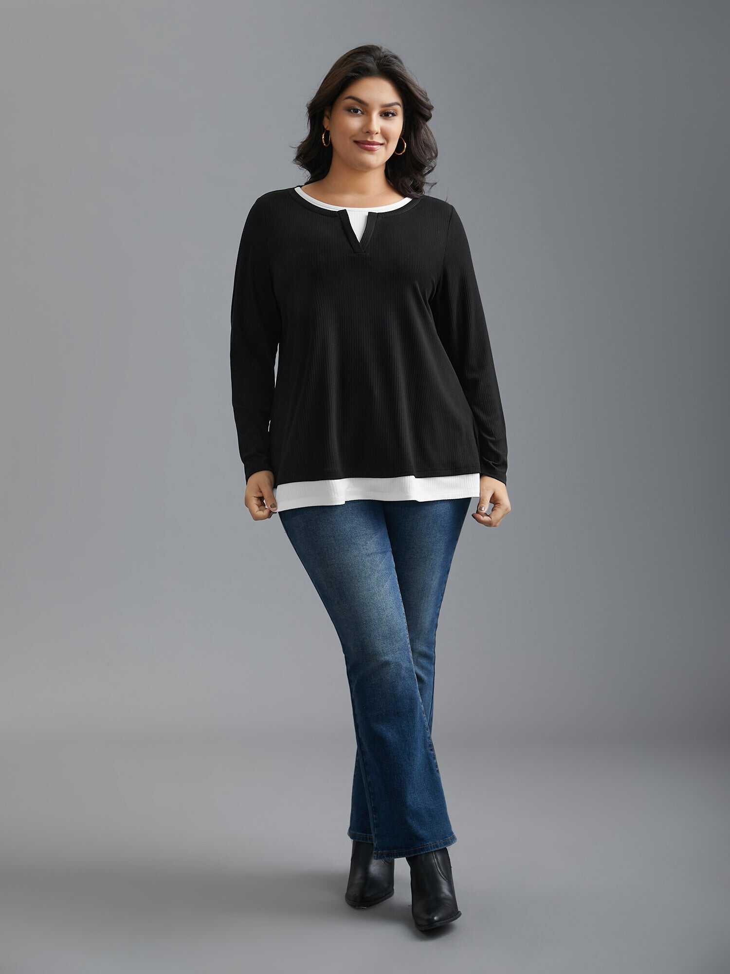Notched Patchwork 2-In-1 Knit Top
