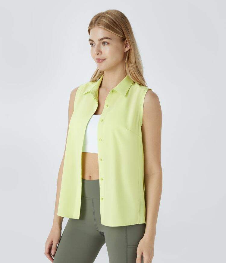 Collared Sleeveless Button Curved Hem Hiking Shirt