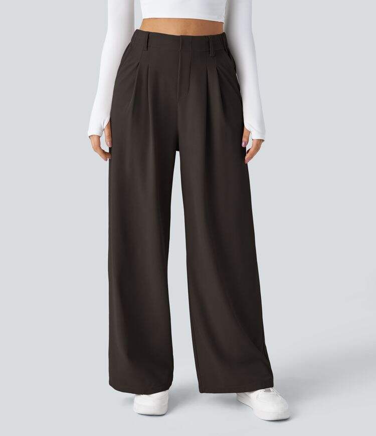 High Waisted Plicated Side Pocket Wide Leg Waffle Work Pants