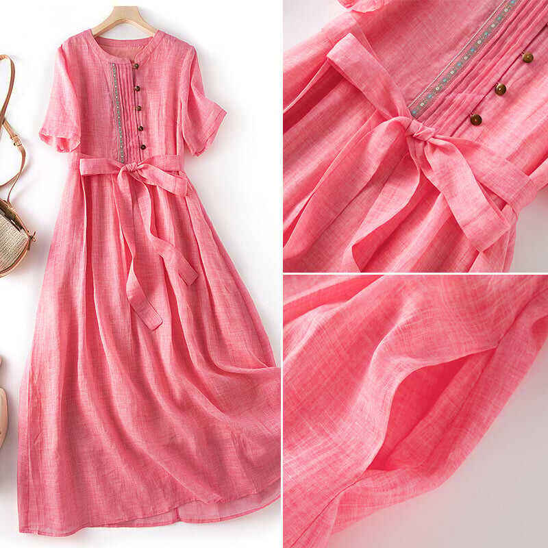 Ethnic Pleated Waistband Cotton Linen Dress