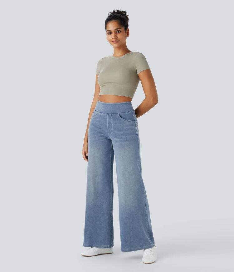 High Waisted Multiple Pockets Wide Leg Washed Stretchy Knit Casual Jeans