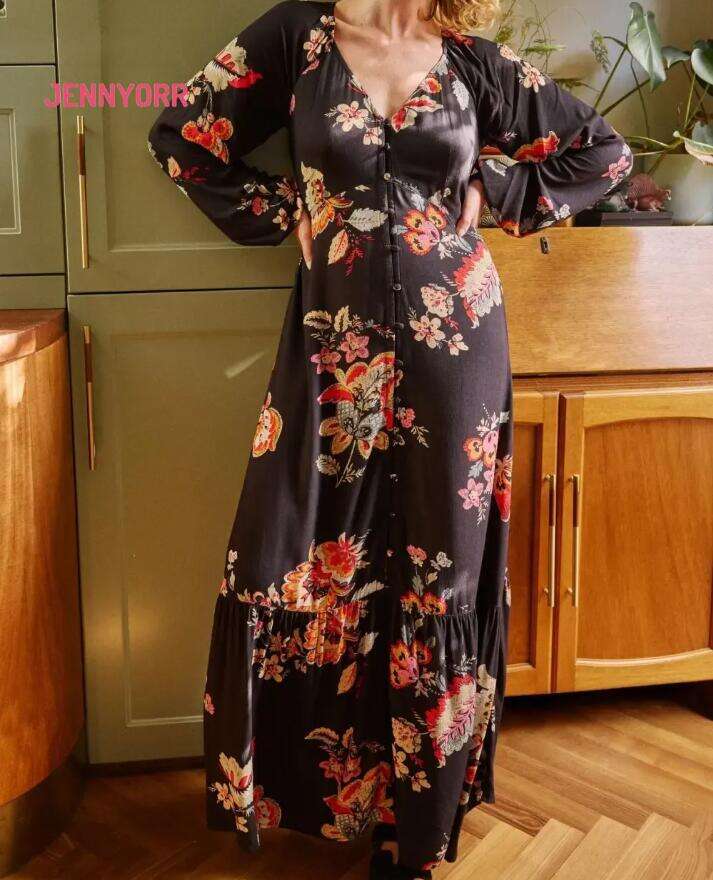 Black Floral Long Sleeve Midi Dress
