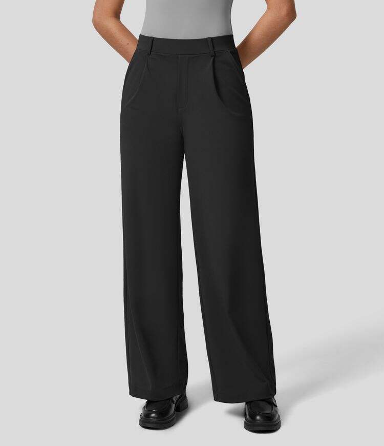 High Waisted Plicated Side Pocket Straight Leg Work Pants