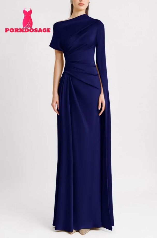 Satin Asymmetrical Neckline Draped Maxi Dress