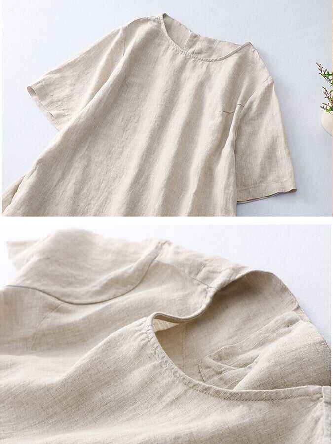 Cotton Linen Loose Short Sleeve Split Dress