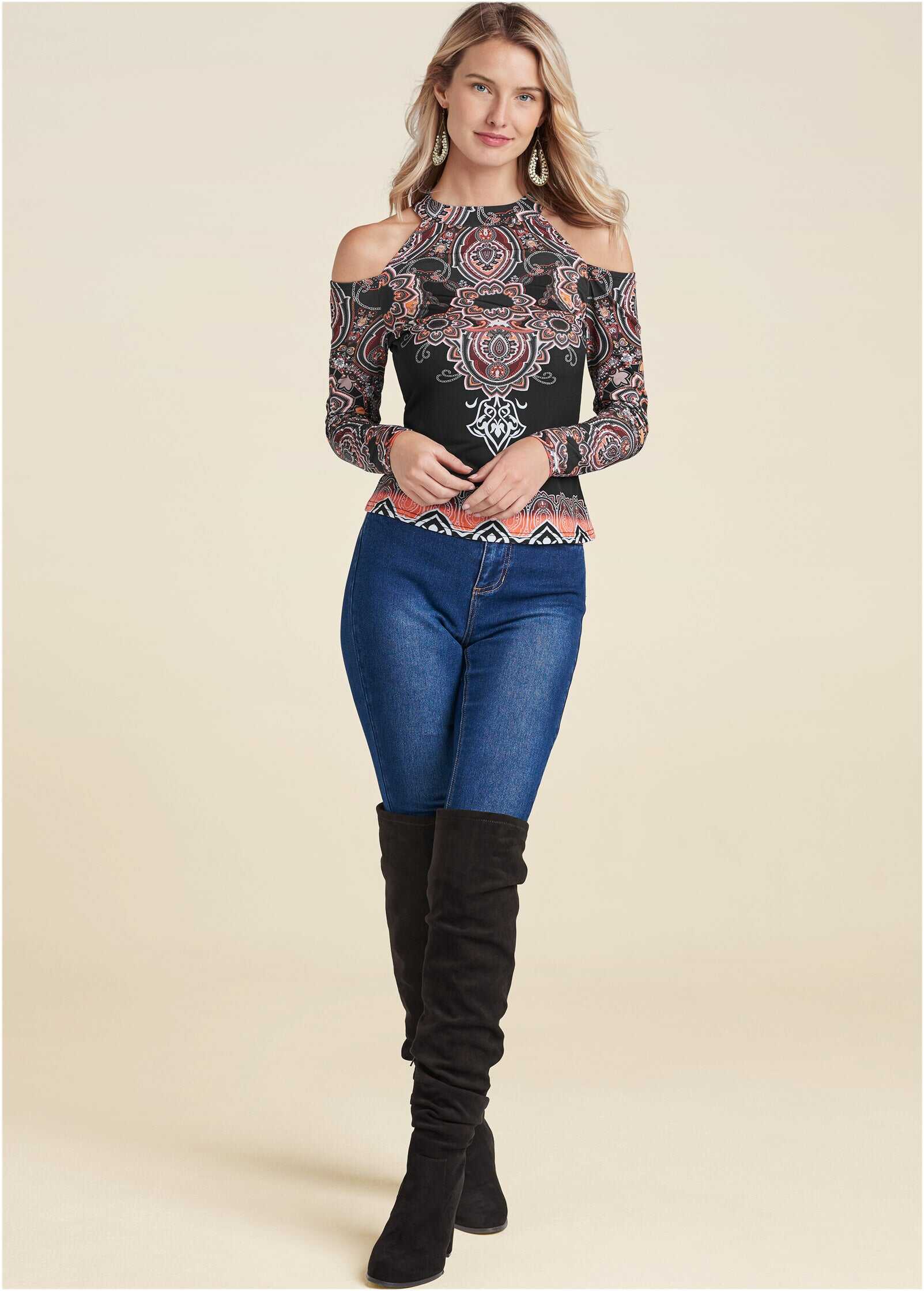 Paisley Cold-Shoulder Top - Black Multi