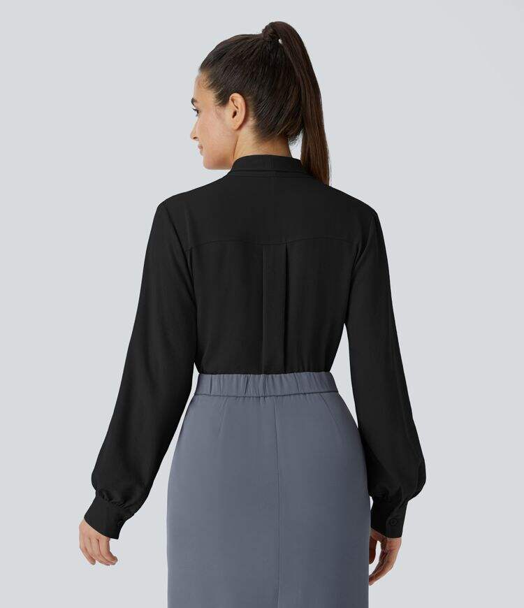 Tie Neck Plicated Long Sleeve Button Work Blouse