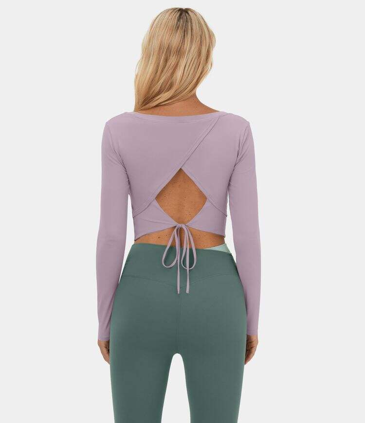 Long Sleeve Backless Cut Out Tie Back Cropped Barre Ballet Dance Sports Top