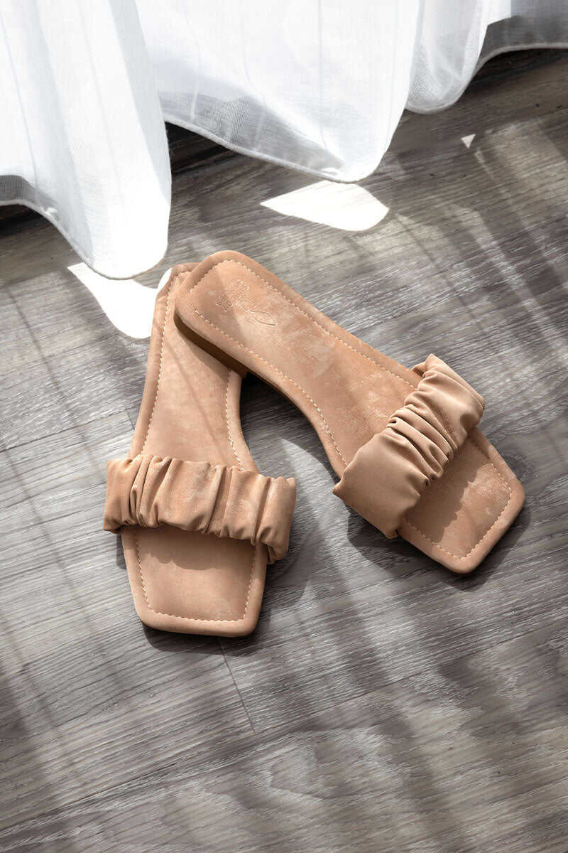 Ruching Sliders in Nude Waterproof Satin