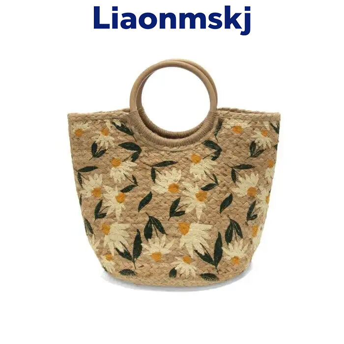 Daisy Painted Alani Jute Circle Wood Handle Tote Bag