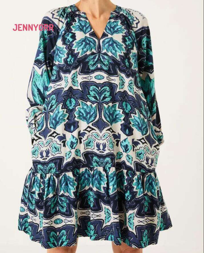 Green Floral Mirrored Long Sleeve Mini Dress