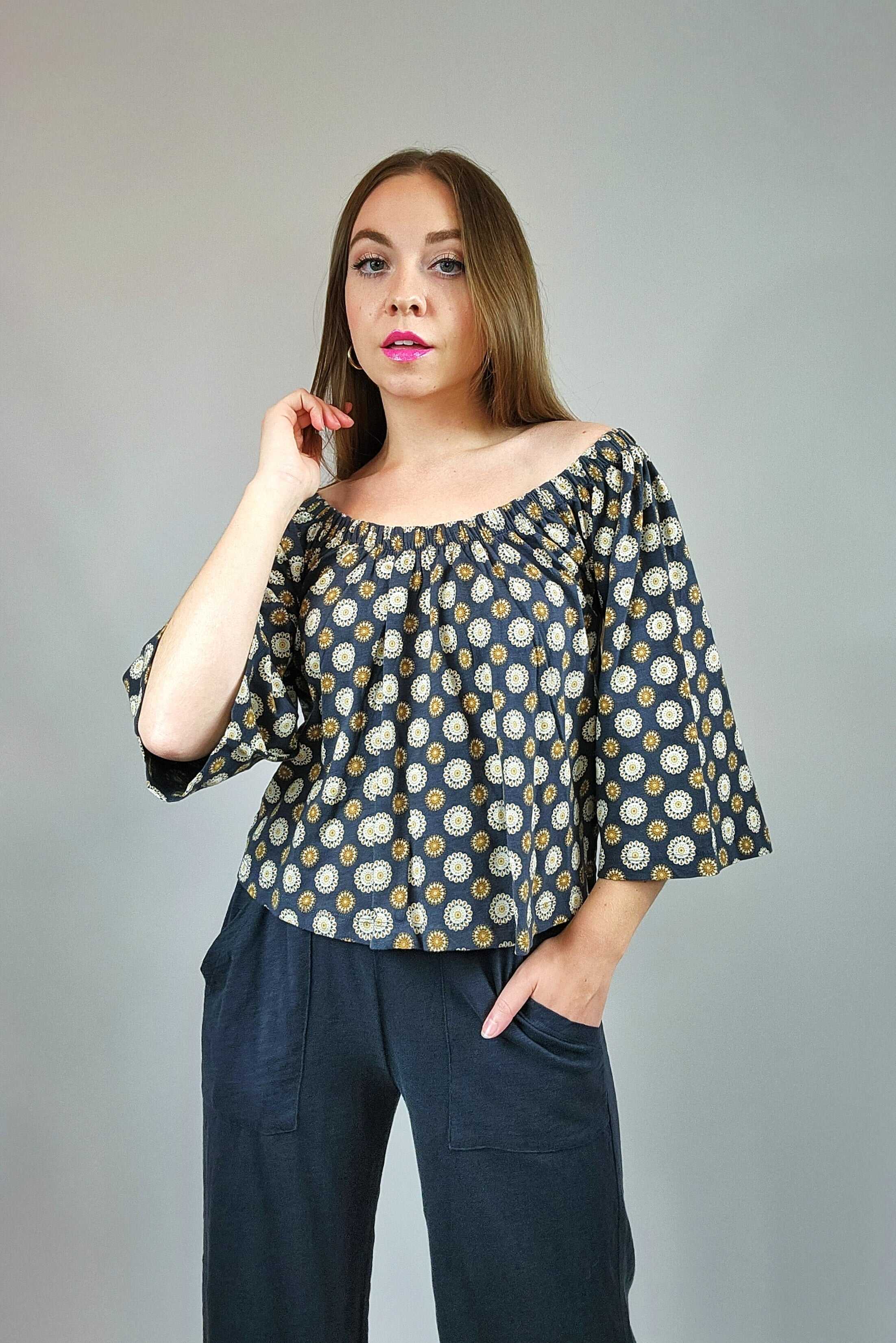 Printed Off the Shoulder Bell Sleeve Knit Top - SALE