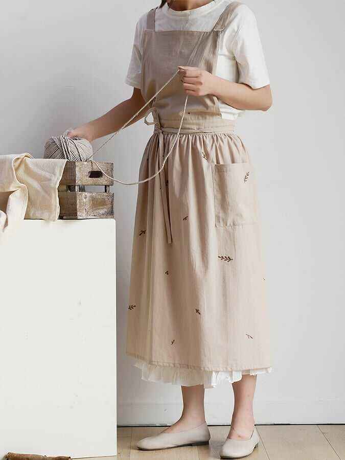 Women's Cotton Leaf Embroidery Apron