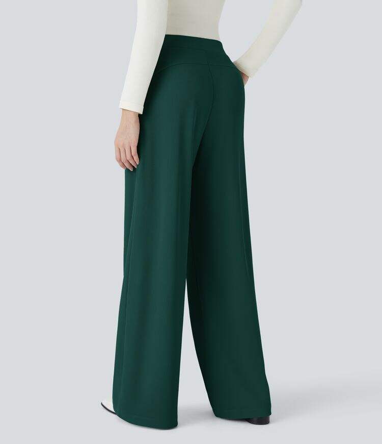 Ha High Waisted Body Sculpt Waist-Slimming Side Pocket Wide Leg Micro Waffle Work Pants