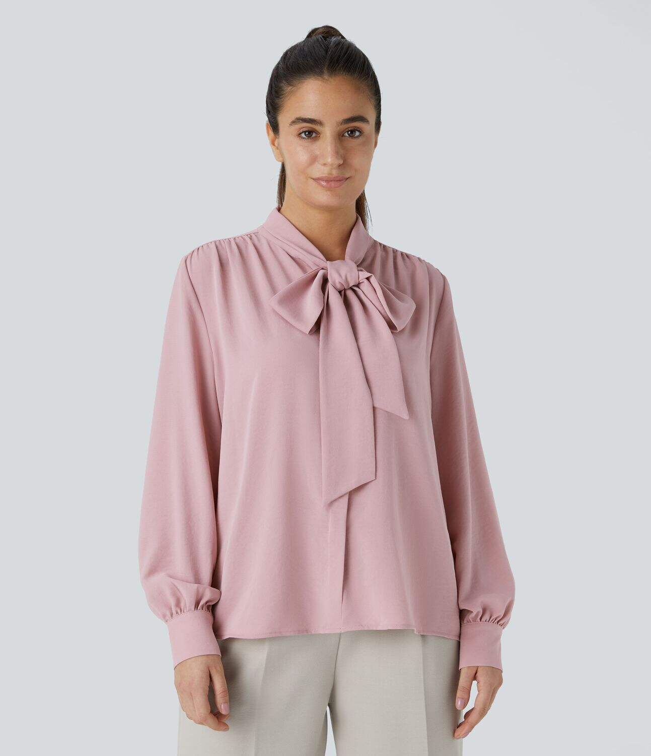 Tie Neck Plicated Long Sleeve Button Work Blouse