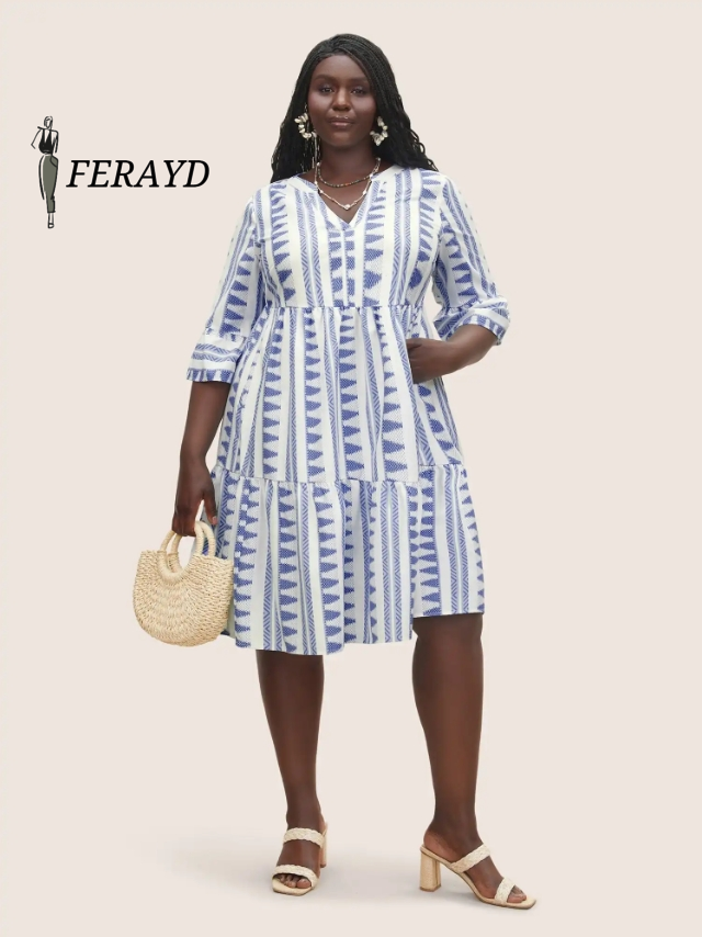 Bandana Geometric Notched Ruffle Layered Hem Dress