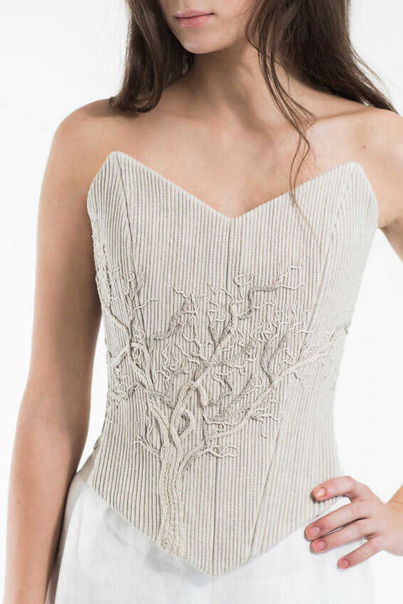 Linen corset with embroidery - Sand beige