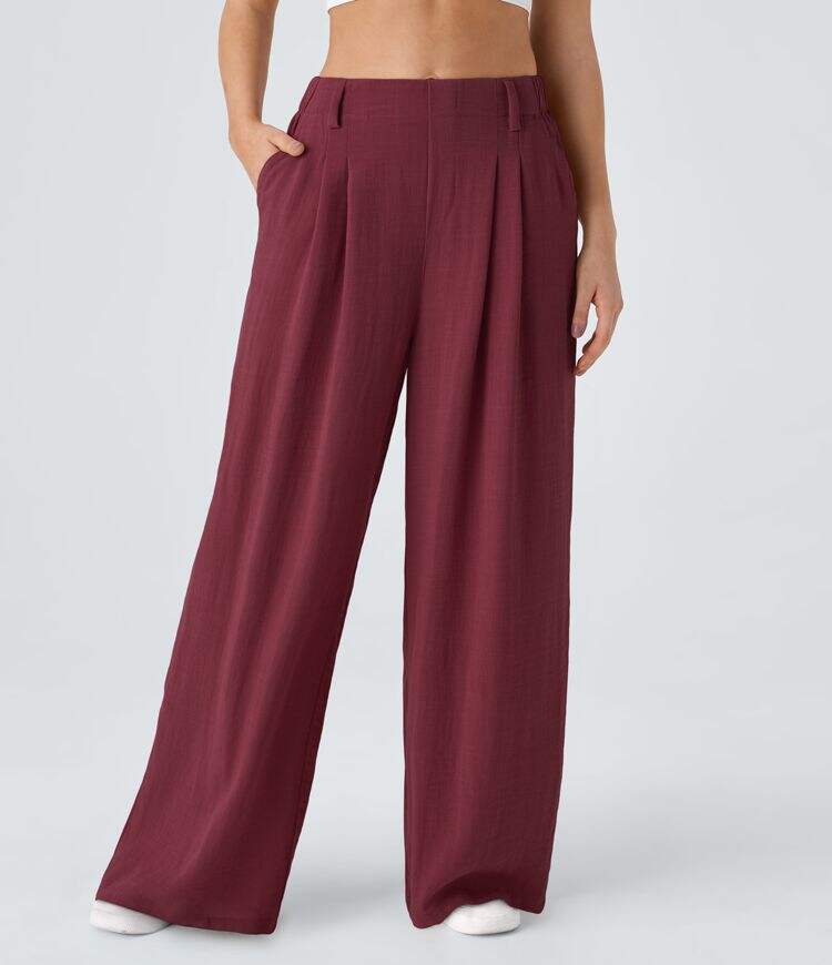 High Waisted Plicated Side Pocket Wide Leg Flowy Solid Palazzo Casual Linen-Feel Pants