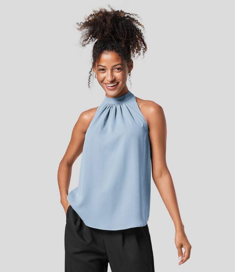 Keyhole Back Halter Plicated Sleeveless Curved Hem Work Blouse