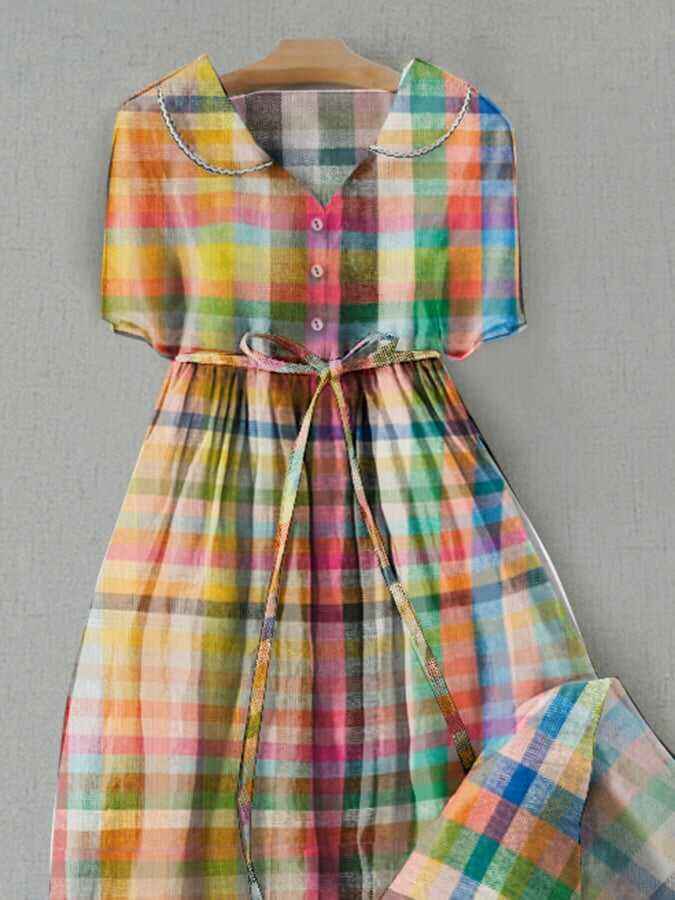 Stylish Casual Plaid Tie Dress With Pockets