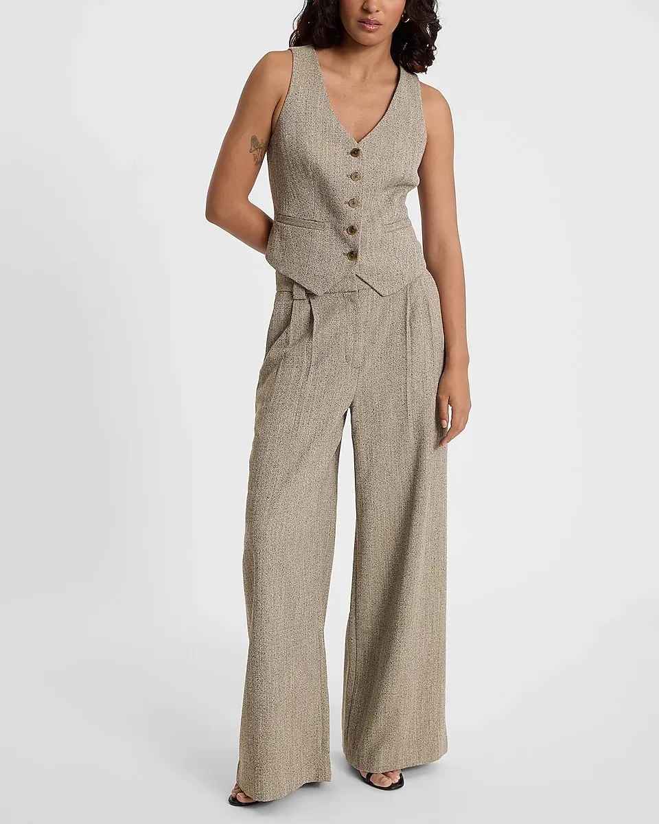 Textured Herringbone High Waisted Relaxed Trouser