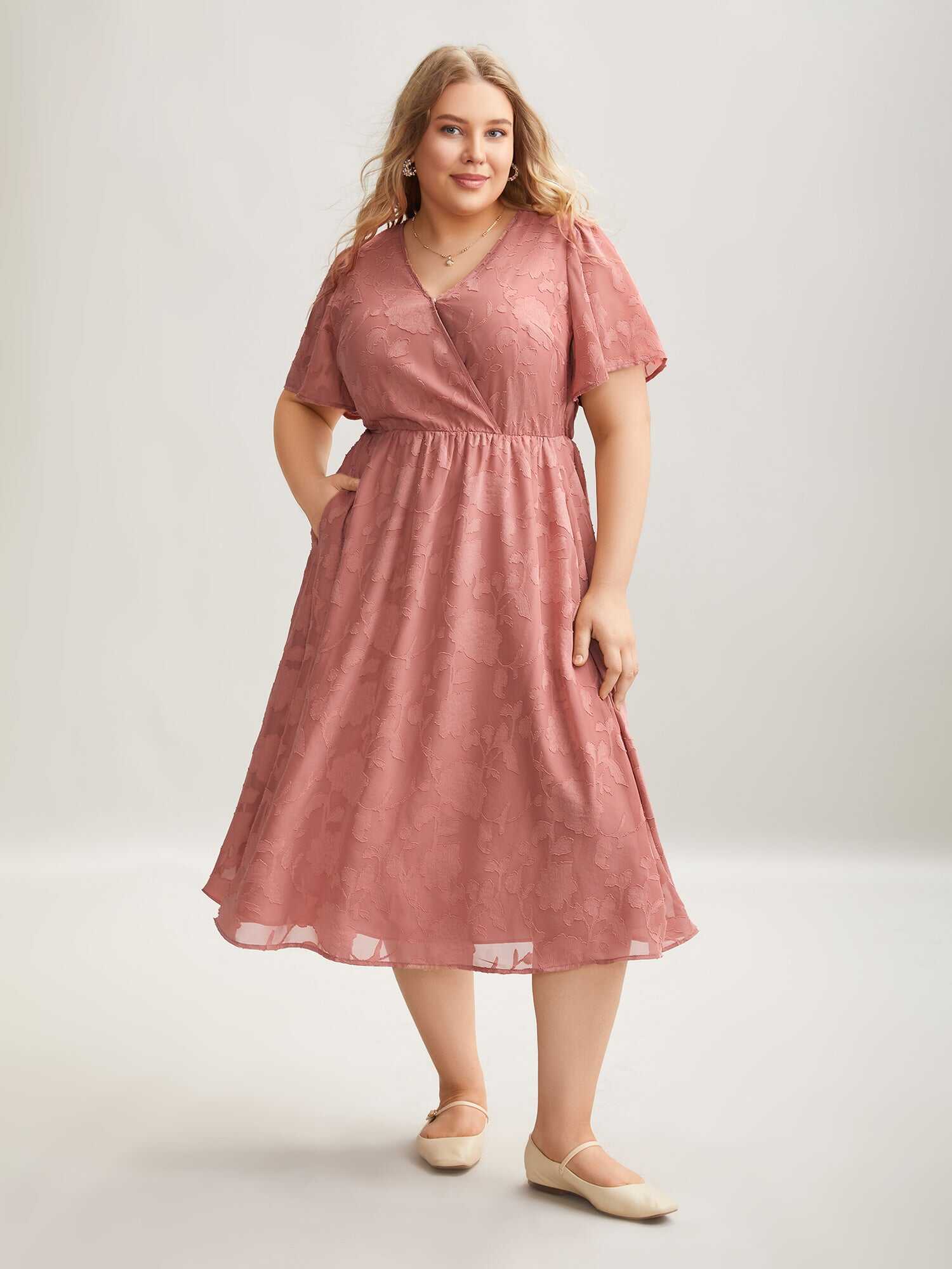 Textured Surplice Neck Flared Sleeve Midi Dress