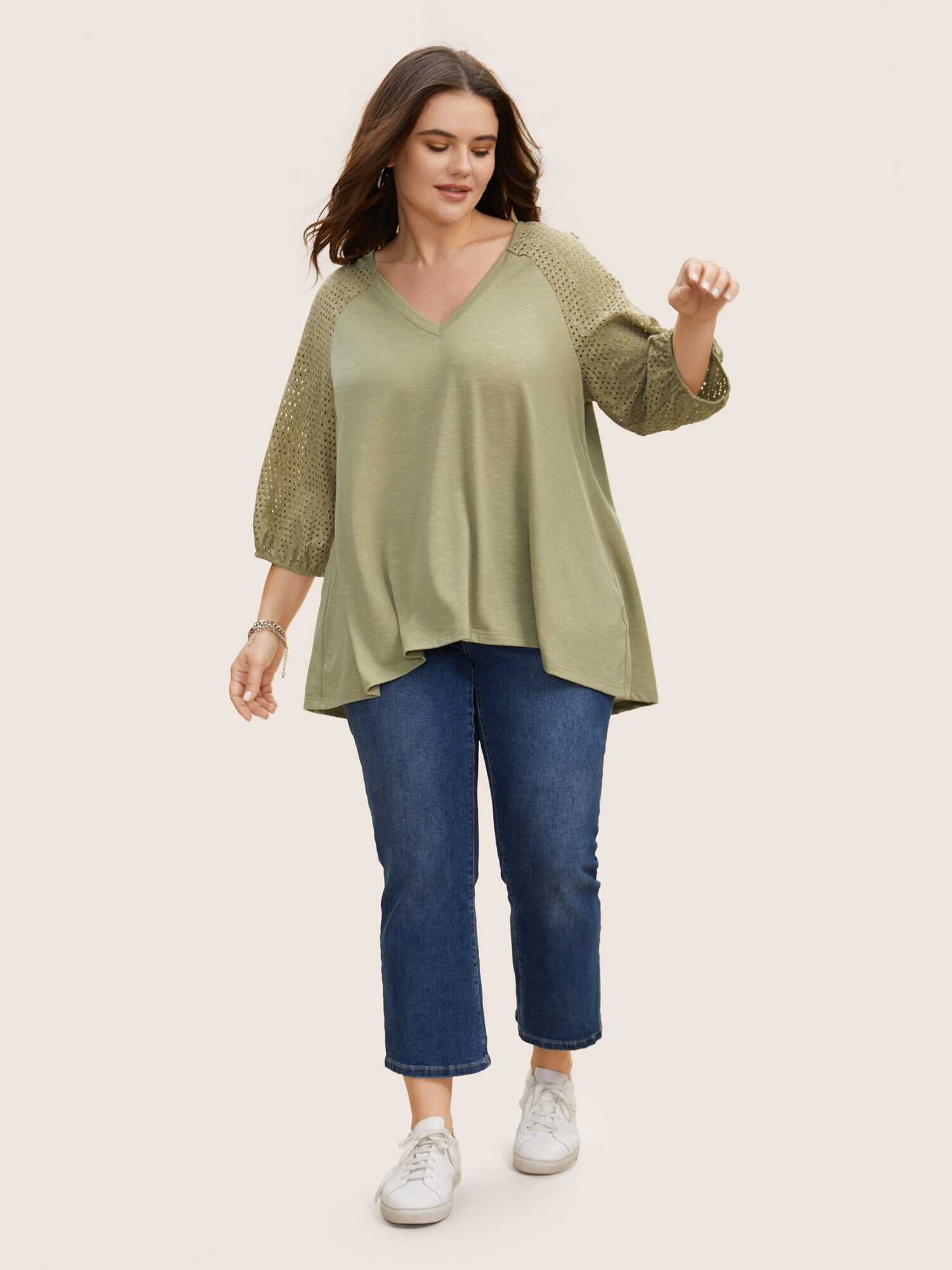 Texture Cut Out Patchwork Lantern Sleeve T-shirt