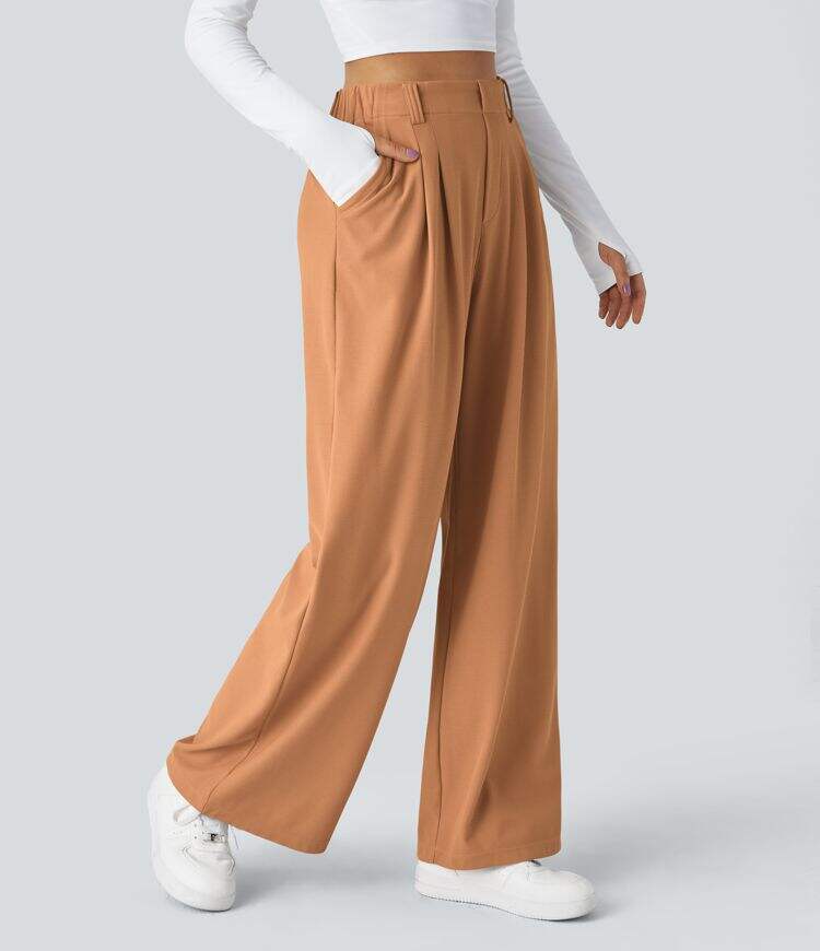 High Waisted Plicated Side Pocket Wide Leg Waffle Work Pants