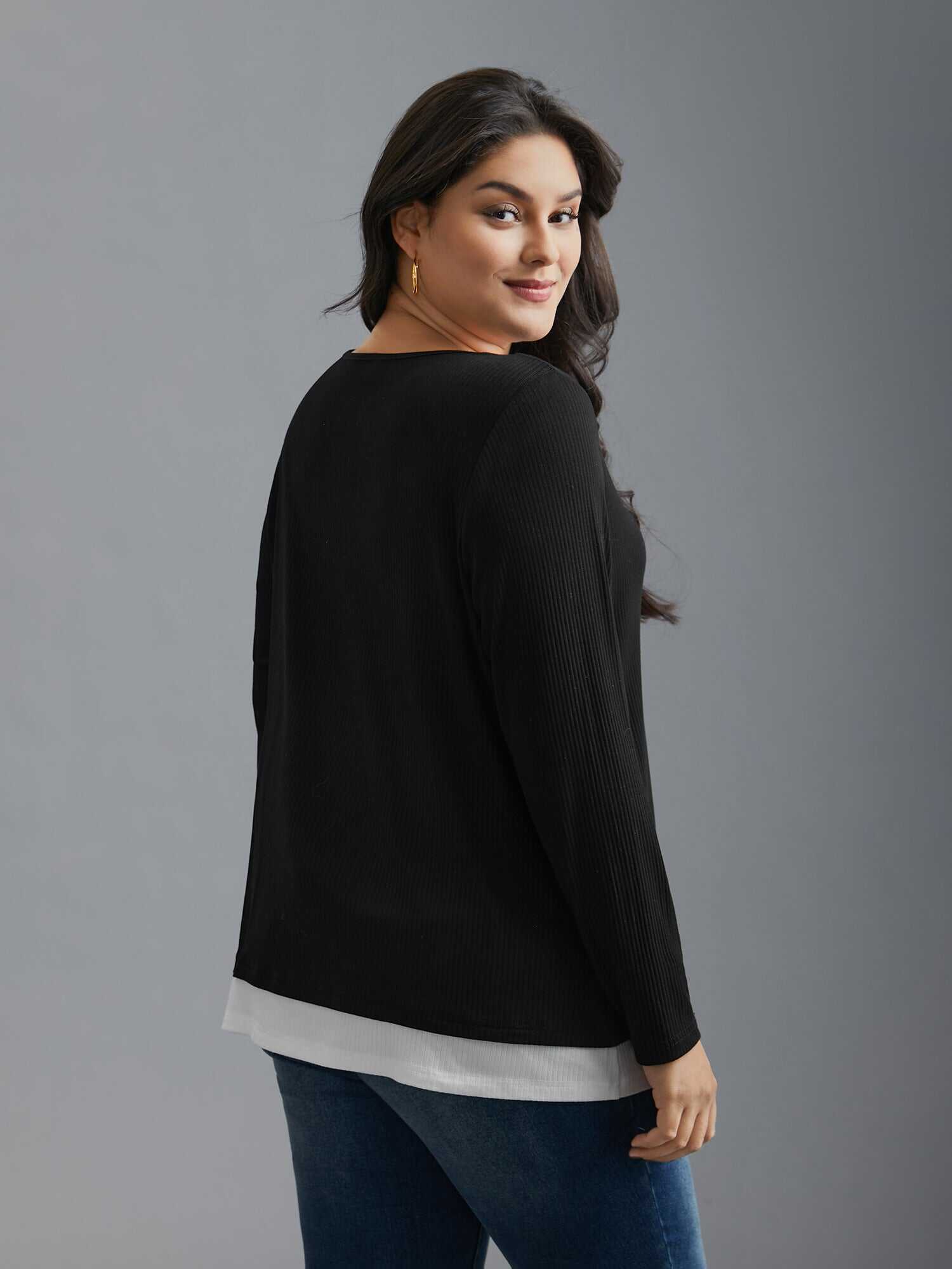 Notched Patchwork 2-In-1 Knit Top